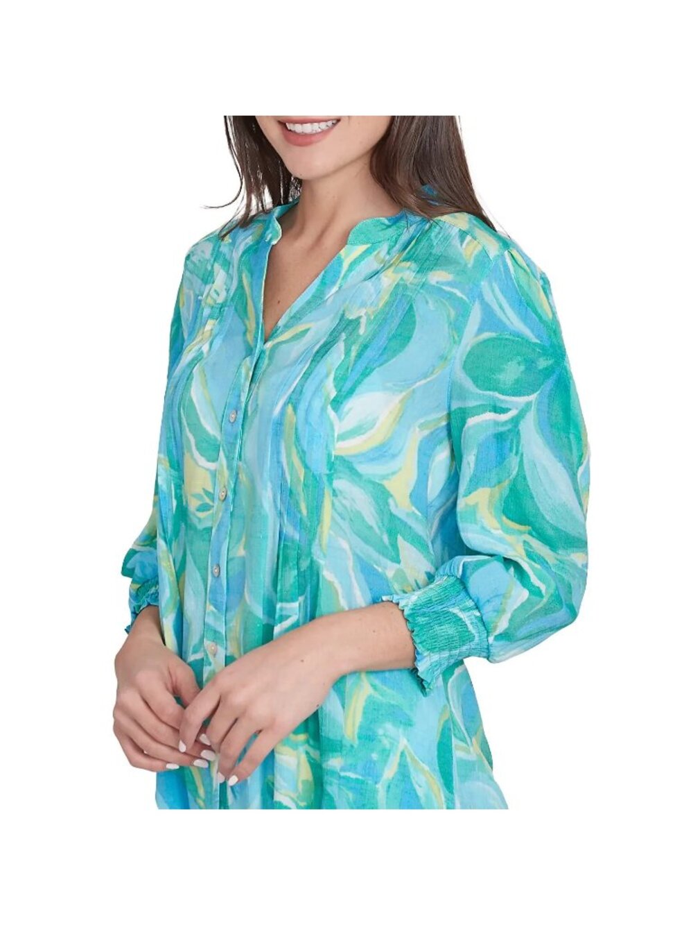 Ruby Rd. Plus Size 1X Abstract Ocean Blouse Button Top Green Blue MSRP $64 - Picture 2 of 5